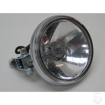Long distance headlamp, Type Hella 118, chrome, with clear glass, with 12 V bulb, Ø 130 mm, with E-mark