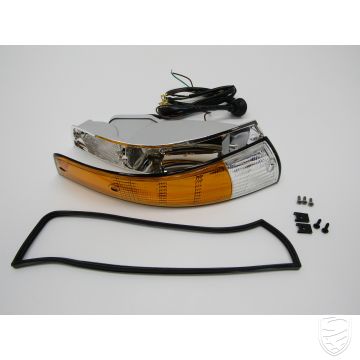 Turn signal light with black rim, complete with metal housing, front, right for Porsche 911 '72-'73