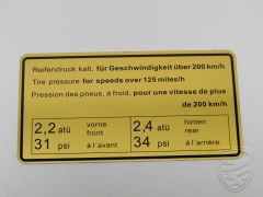 Etiquette adhesive pression de gonflage, 200Km/h pour Porsche 911 S/E/T 912
